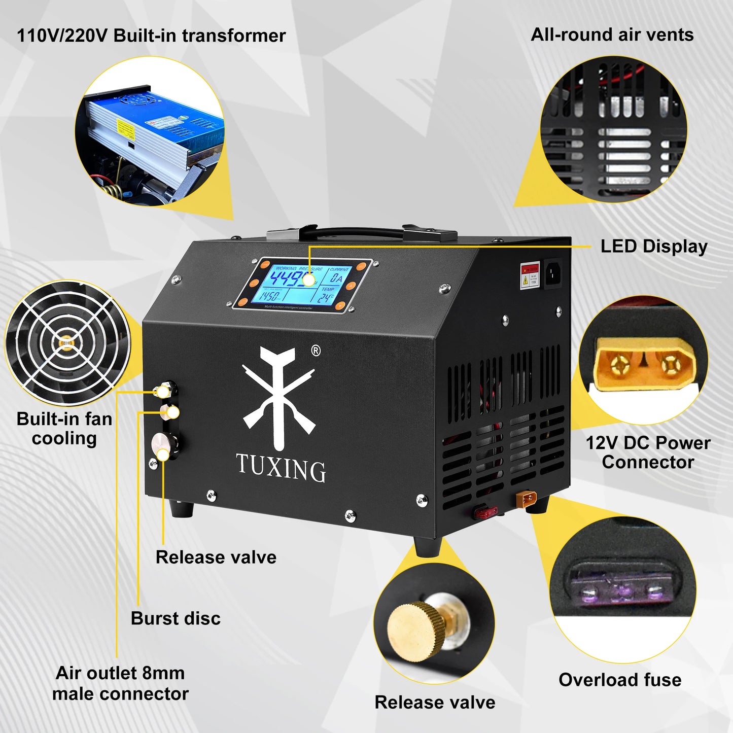 TUXING 4500 Psi 12V PCP Air Compressor With LCD Display